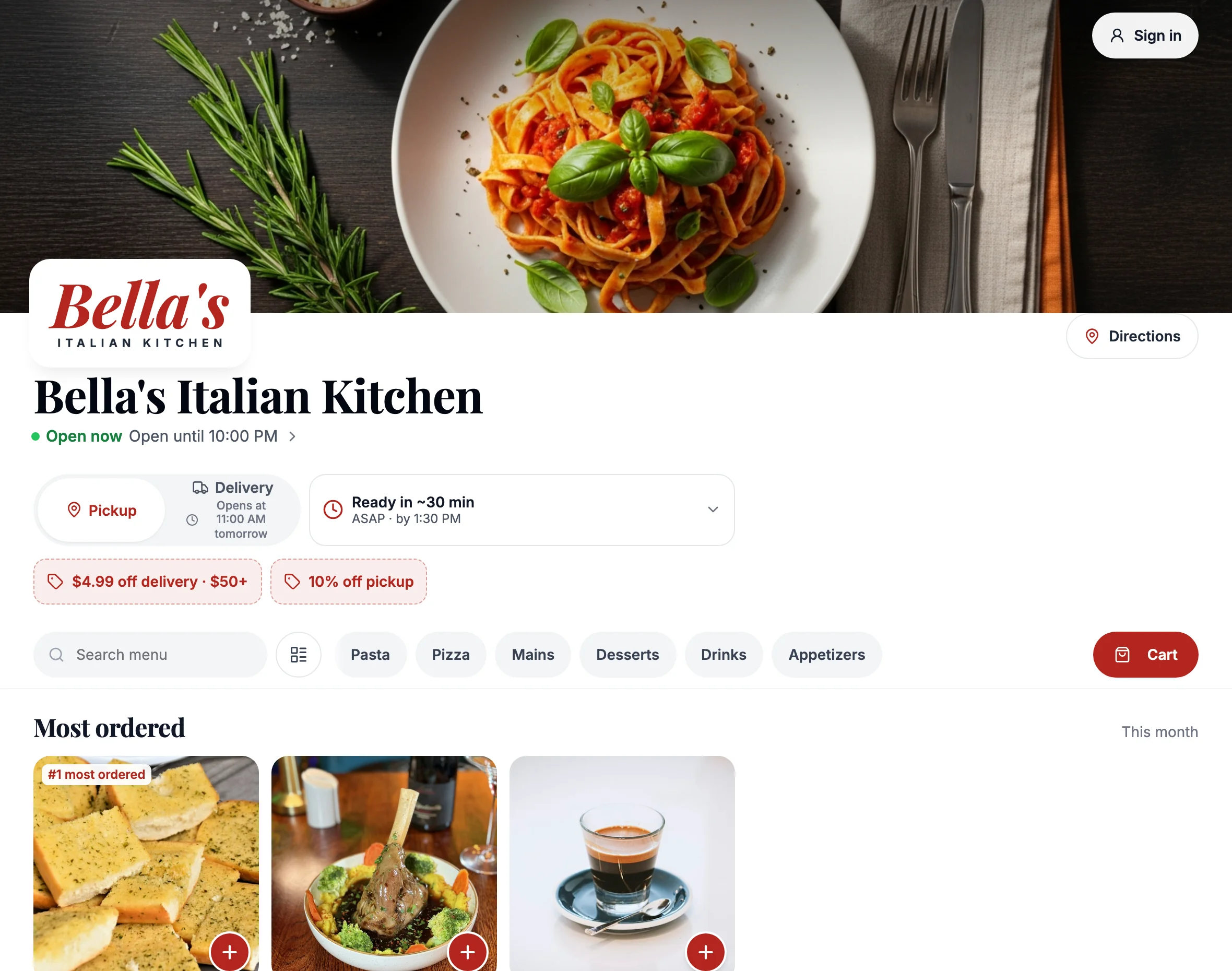 Bella’s Italian Kitchen ordering page showing its branded menu, pickup options, offers, and popular dishes