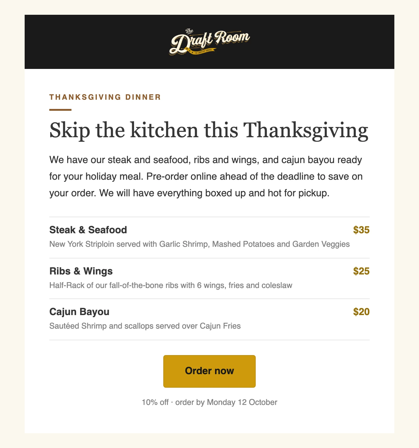 Finished Thanksgiving email with The Draft Room branding, menu dishes, prices and an Order now button