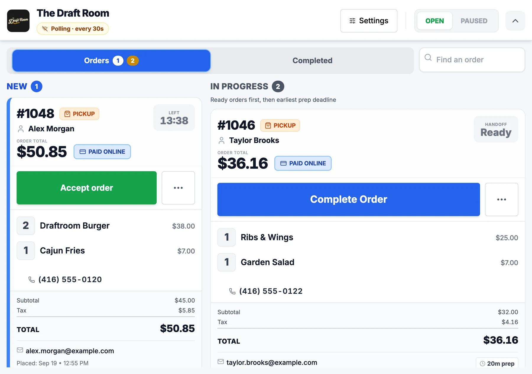 Platovo kitchen board with new and in-progress example orders