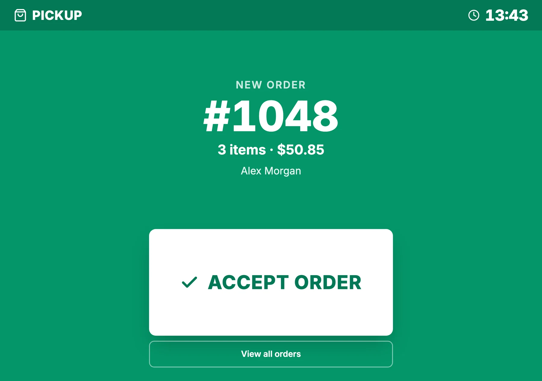 The actual Platovo takeover showing pickup order 1048 and the Accept order action